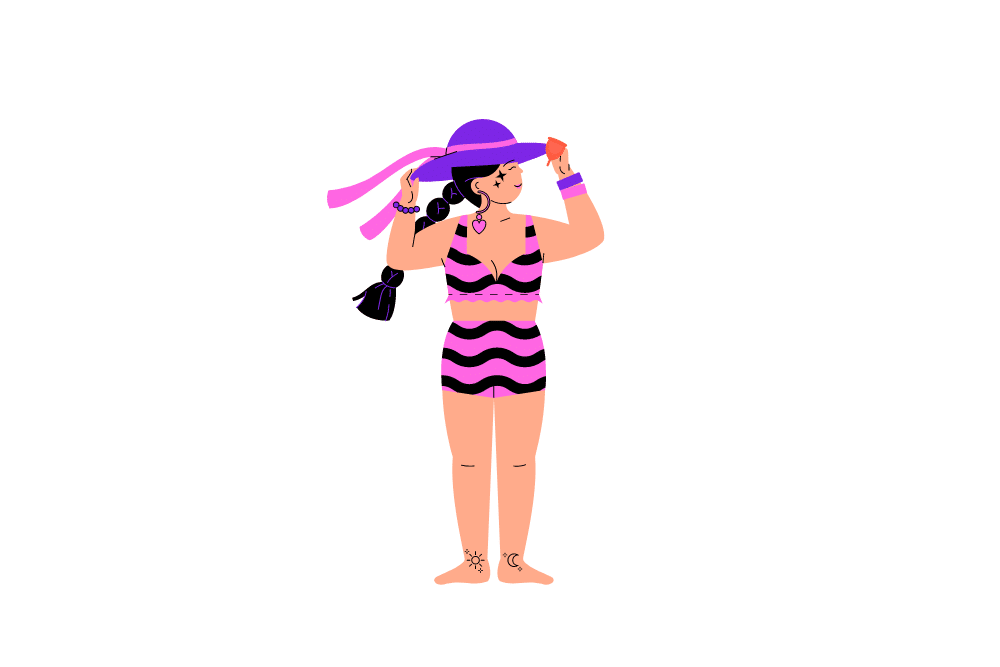 Woman in period swimwear holding period cup